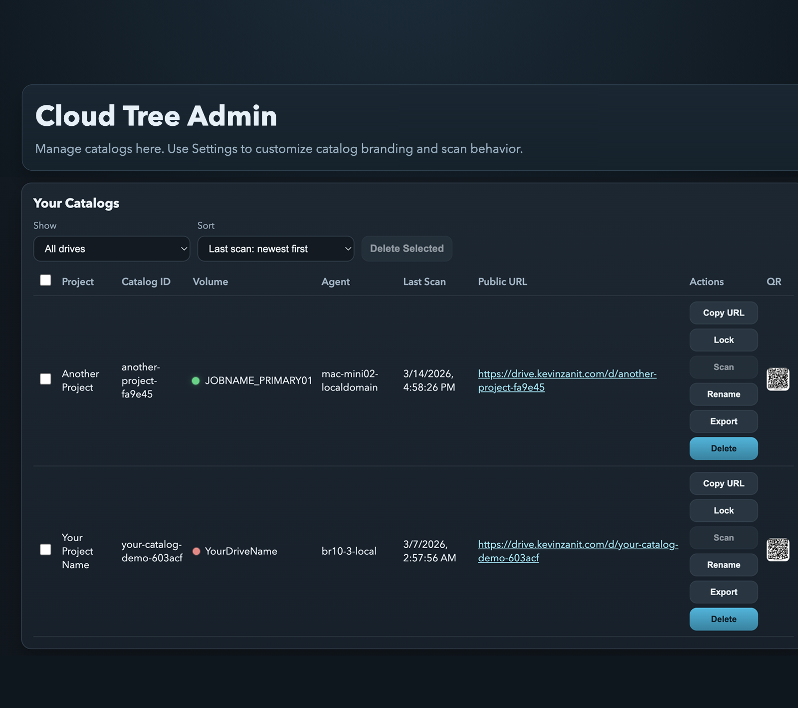 Cloud Tree admin dashboard showing catalog list, agent ownership, scan status, and public URLs.