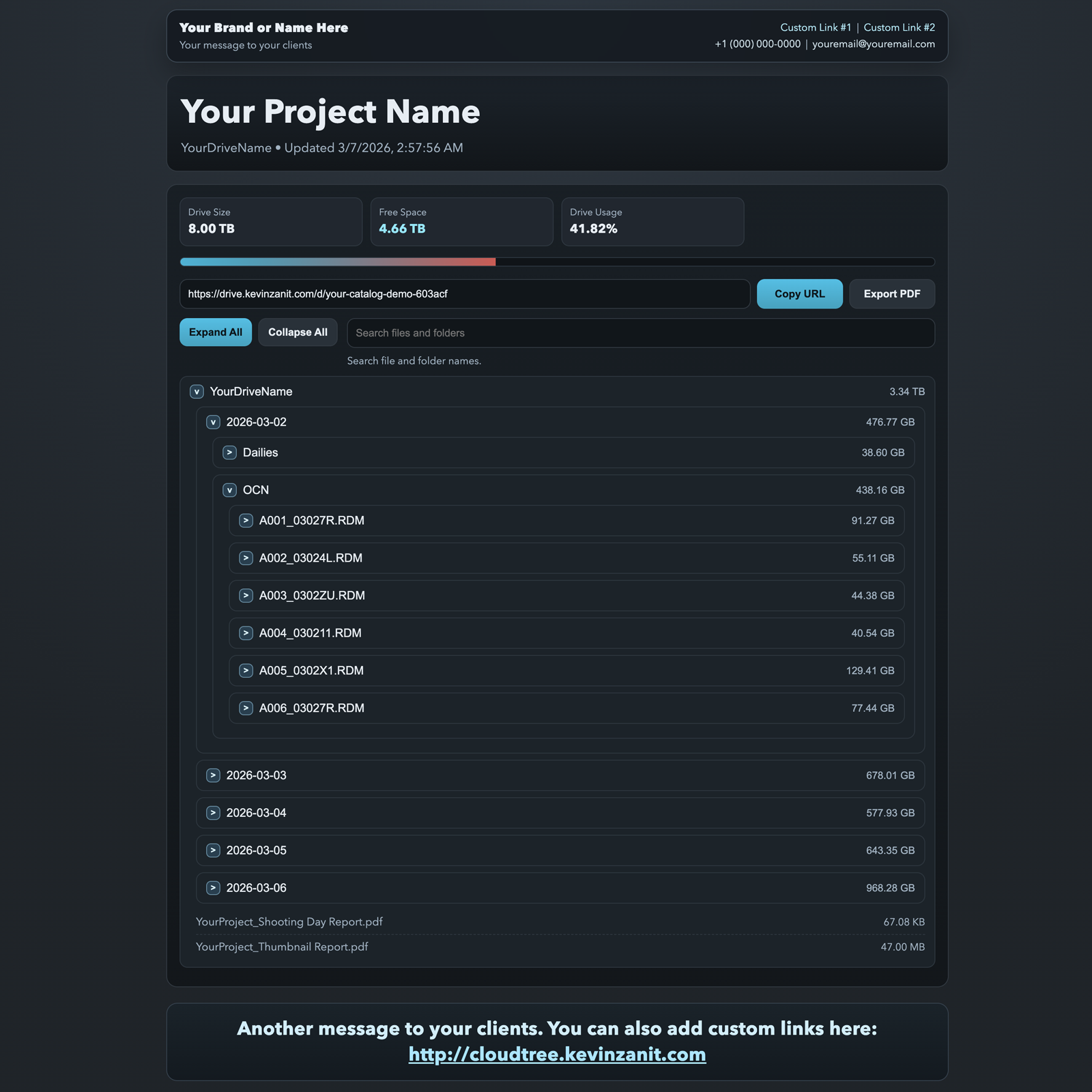 Cloud Tree catalog browser preview with search and folder tree.