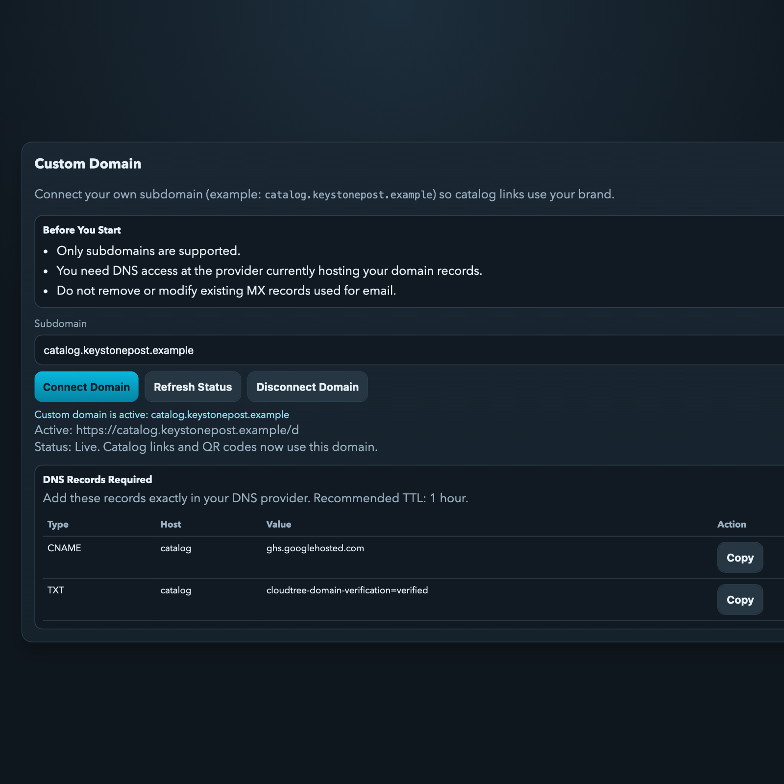 Cloud Tree custom domain screen showing branded catalog URL and DNS records.