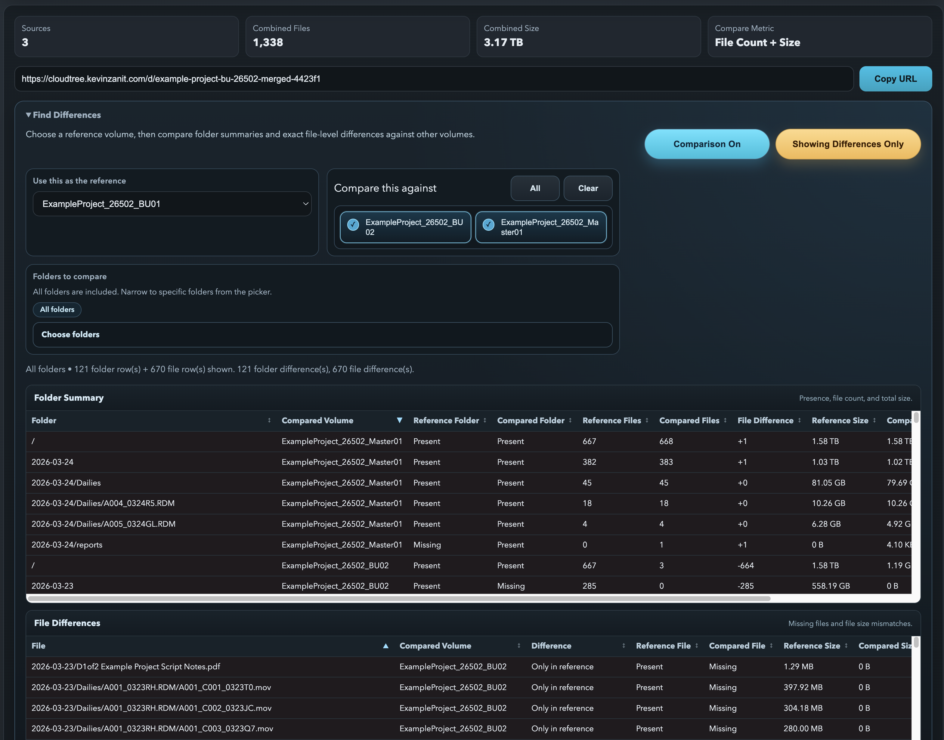 Merged catalog differences table with per-volume detail.