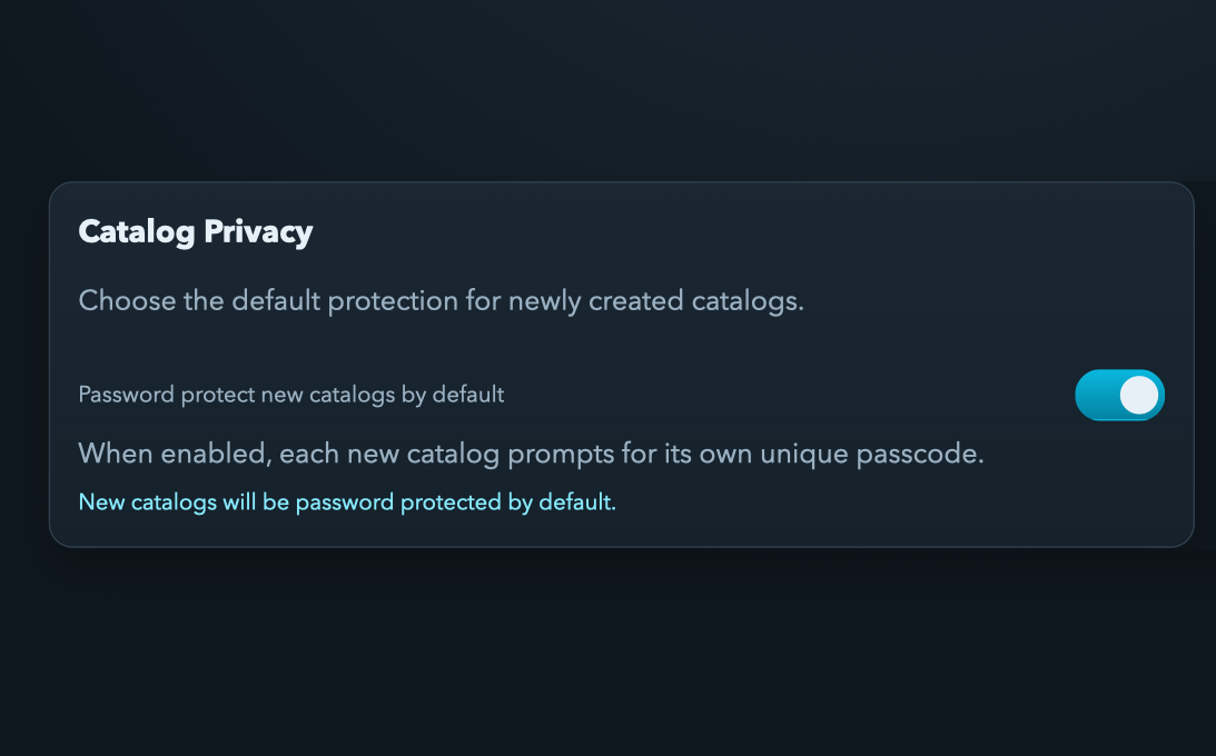 Cloud Tree settings screen showing password protection enabled for new catalogs.